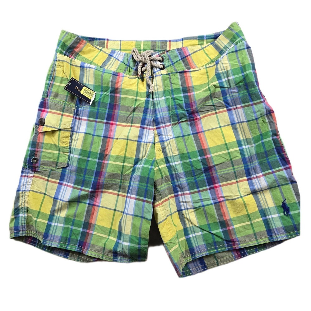 Polo‎ Ralph Lauren Madras Swim Trunks Mens 32 Green Yellow Plaid Cargo NEW
